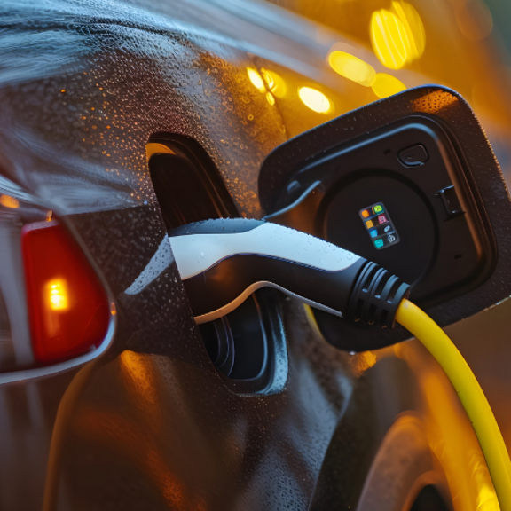 Nahaufnahme eines schwarzen Elektroautos, das an einer Ladestation mit gelbem Kabel aufgeladen wird, im Regen bei Dämmerung.
